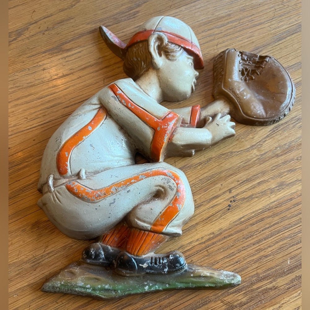 Vintage Sexton Metal Wall Hanging Boy Playing Baseball. 1970 USA 9”